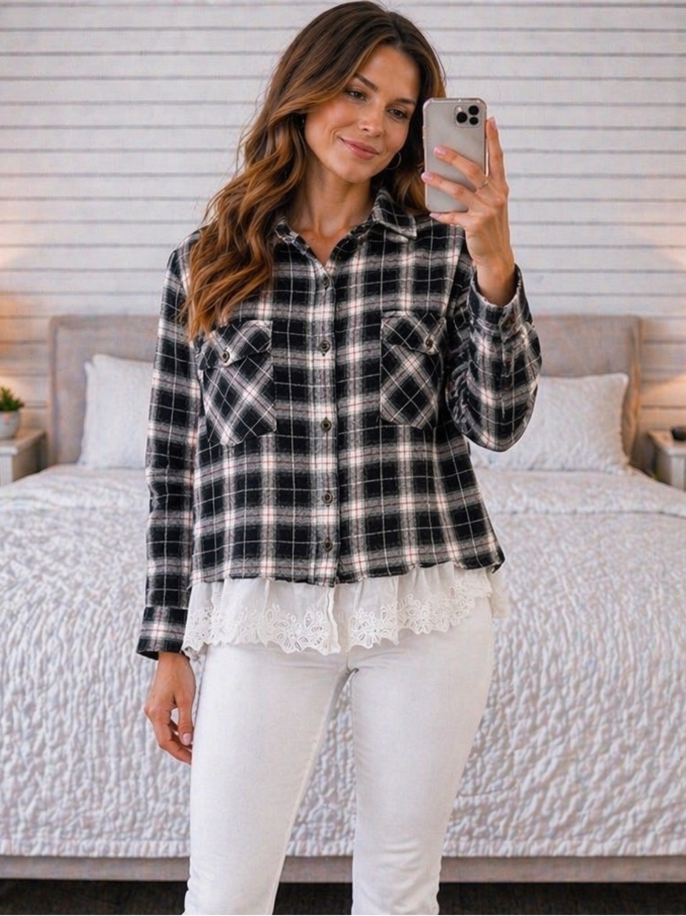 Jodifl Plaid Long Sleeve Button Down Shirt Top Eyelet Lace Trim Hem Small